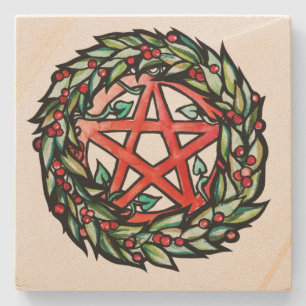 Yule Wreath Pentacle Pagan Pentagram Holiday Stone Coaster