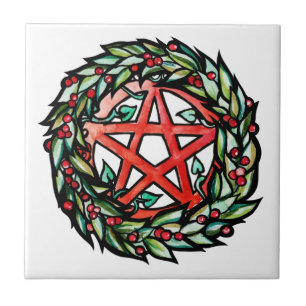 Yule Wreath Pentacle Pagan Pentagram Holiday       Tile