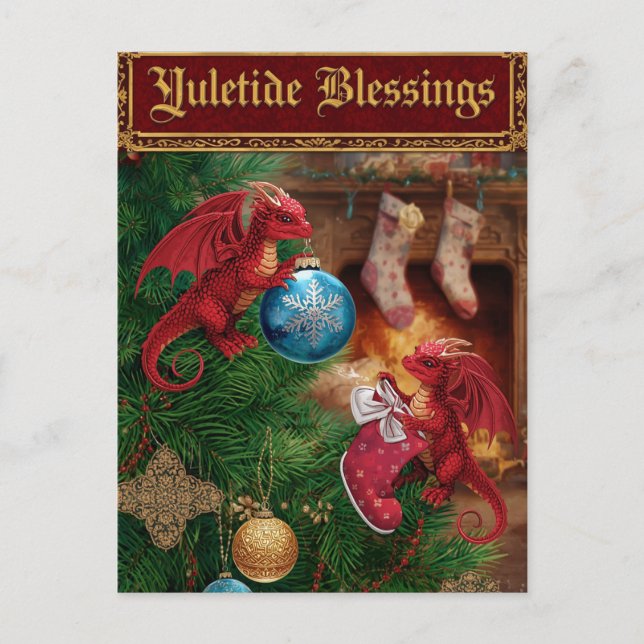 Yuletide Blessings Fantasy Dragon Christmas Holiday Postcard (Front)