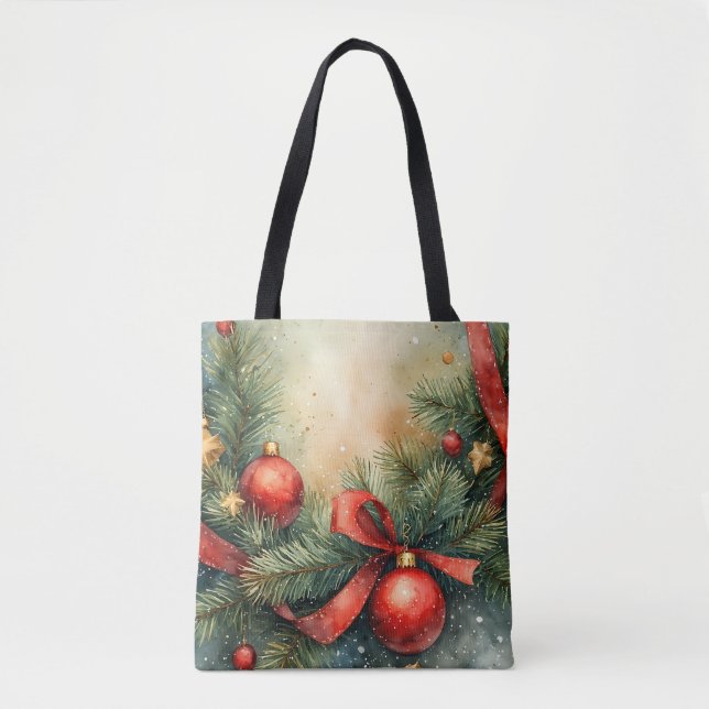 Yuletide Charm Watercolor Tote Bag (Front)
