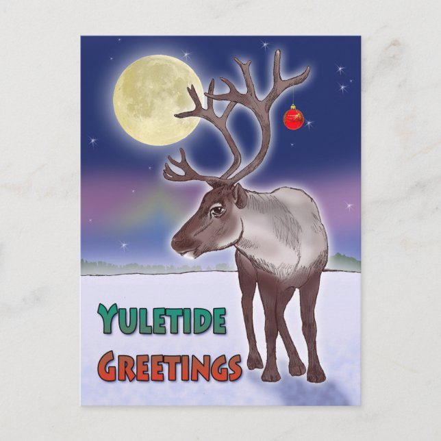 Yuletide Greetings Reindeer Under the Moon Postcard (Front)