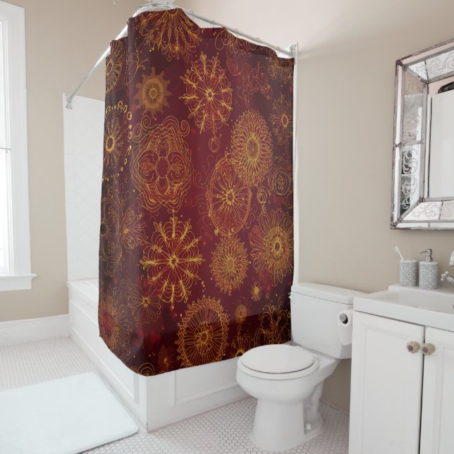 Yuletide Opulence: Golden Threads of Christmas Shower Curtain (In Situ)