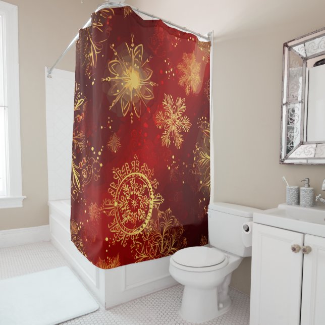 Yuletide Opulence: Golden Threads of Christmas Shower Curtain (In Situ)