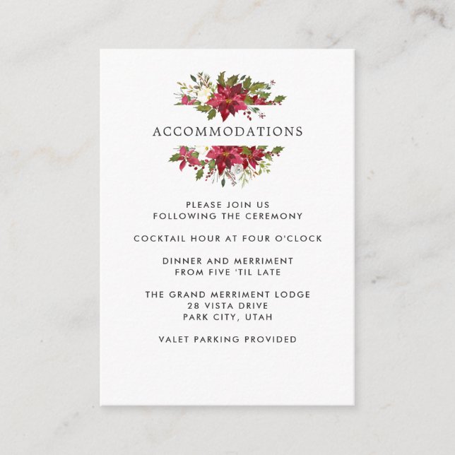 Yuletide | Poinsettia  WEDDING Hotel Accommodation Enclosure Card (Front)