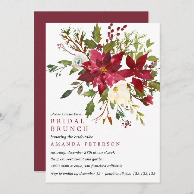 Yuletide|  PoinsettiaBouquet Wedding Bridal Brunch Invitation (Front/Back)
