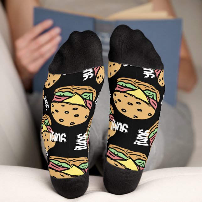 Yum Cool foodie pattern of Hamburgers black Socks (Bottom)