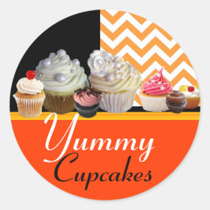 YUMMY BIRTHDAY CUPCAKES / ORANGE WHITE CHEVRON CLASSIC ROUND STICKER