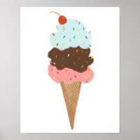 Yummy Colourful Ice Cream Cone Triple Scoop Cute