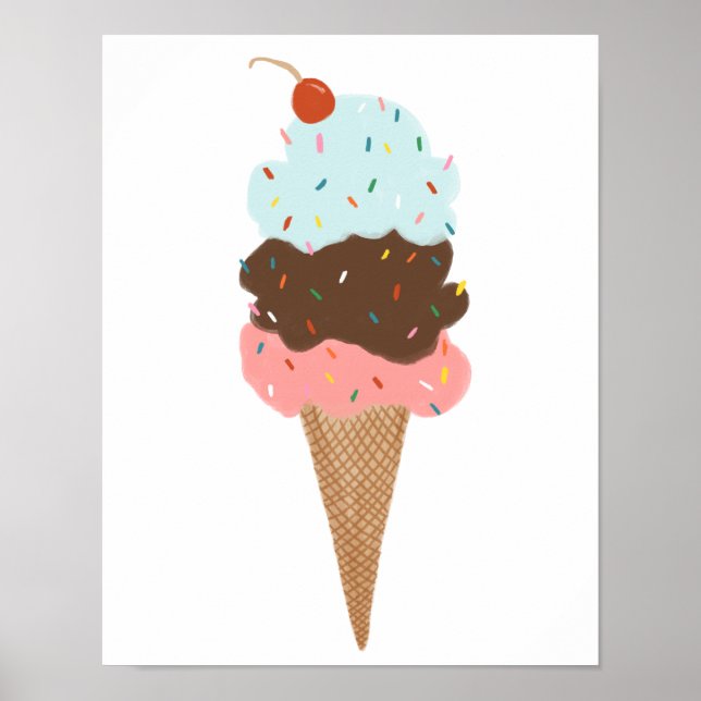 Yummy Colourful Ice Cream Cone Triple Scoop Cute Poster (Front)