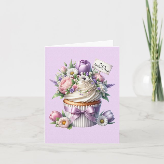 Yummy cupcake with flowers for mothers day holiday card (Front)
