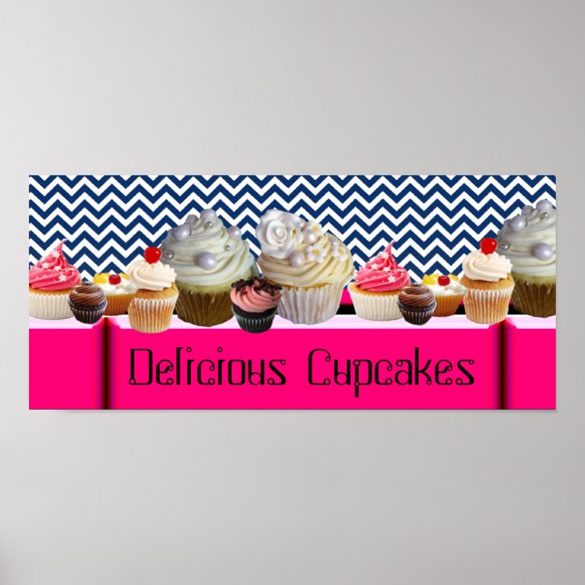 YUMMY CUPCAKES DESERT SHOP/ BLUE WHITE CHEVRON POSTER (Front)
