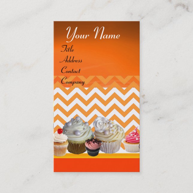YUMMY CUPCAKES DESERT SHOP ORANGE WHITE CHEVRON BUSINESS CARD (Front)