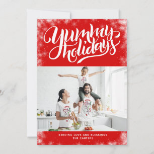 Yummy Holidays Red White Lettering Custom Photo Holiday Card
