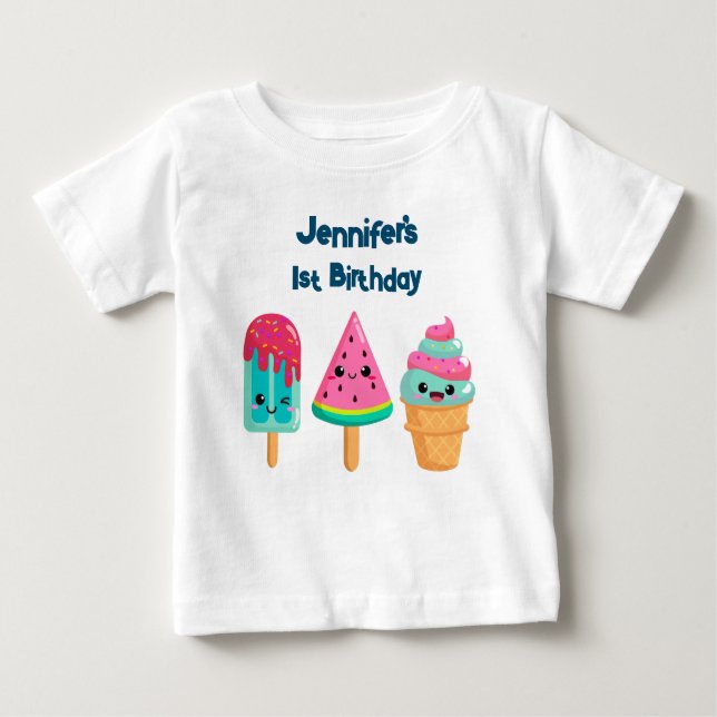 Yummy Ice Cream Trio Summer Vibe 1st Birthday Baby T-Shirt (Front)