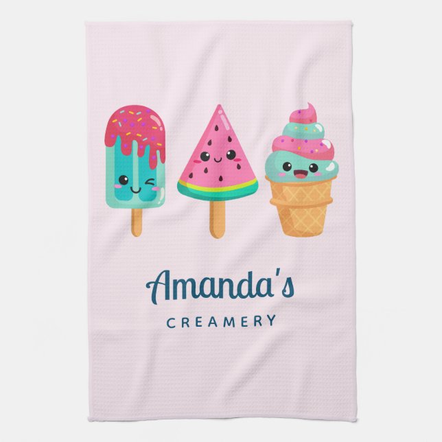 Yummy Ice Cream Trio Summer Vibe Creamery Business Tea Towel (Vertical)