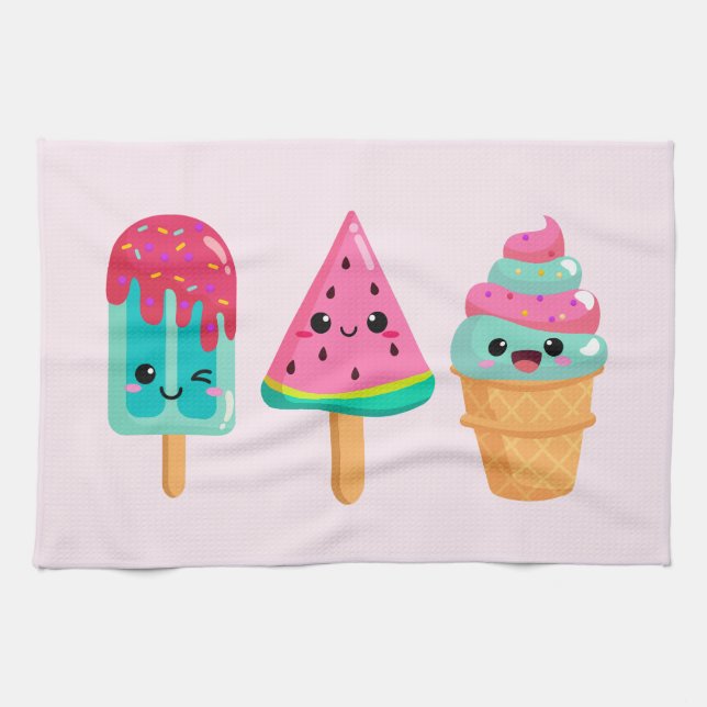 Yummy Ice Cream Trio Summer Vibe Tea Towel (Horizontal)