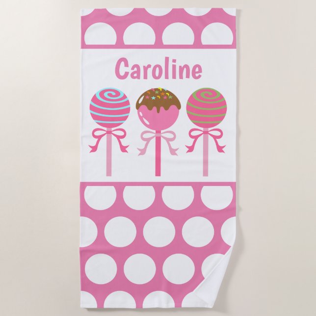 Yummy Pink Cake Pops Personalised Beach Towel (Front)