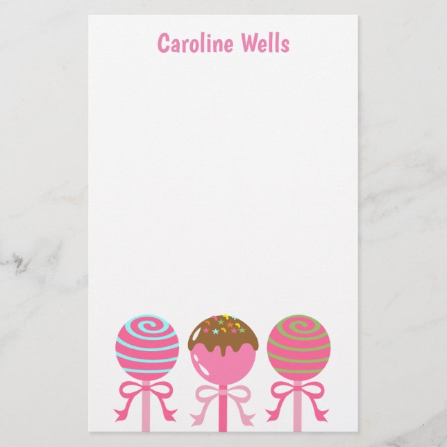 Yummy Pink Cake Pops Personalised Stationery (Front)