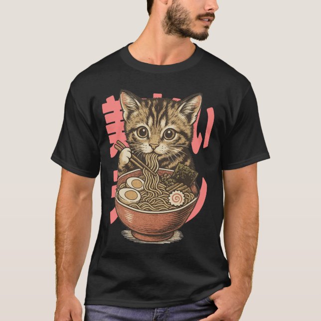 Yummy Ramen Kitten Black T-Shirt (Front)