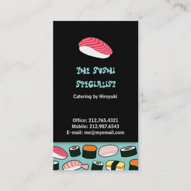 Yummy Sushi Fun Illustrated Pattern Business Card (Front)