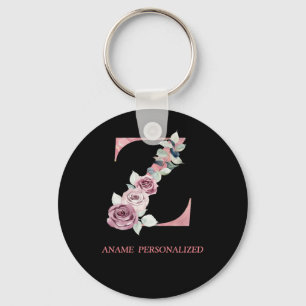 Z Floral Monogram Name Letters Pink Agate Keychain