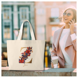Z Letter Gold Monogram Red Purple Yellow Floral Large Tote Bag