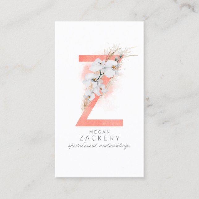 Z Letter Monogram White Orchids and Pampas Grass Business Card (Front)