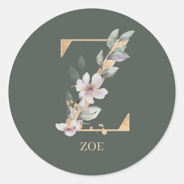 Z Monogram Floral Personalised Classic Round Sticker (Front)