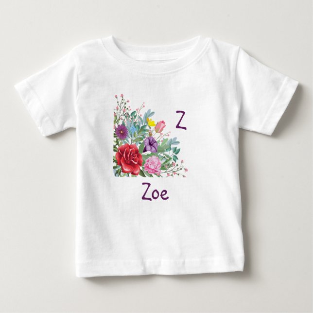 Z Zoe Personalise Initial Name, Rose Flowers Baby T-Shirt (Front)