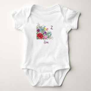 Z Zoe Personalize Initial Name, Rose Flowers Baby Bodysuit