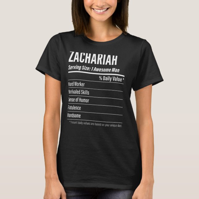Zachariah Serving Size Nutrition Label Calories T-Shirt (Front)
