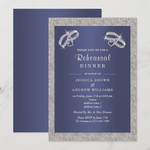 Zaffre, Sparkly Silver Rings Rehearsal Dinner Invitation