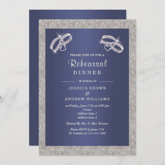 Zaffre, Sparkly Silver Rings Rehearsal Dinner Invitation