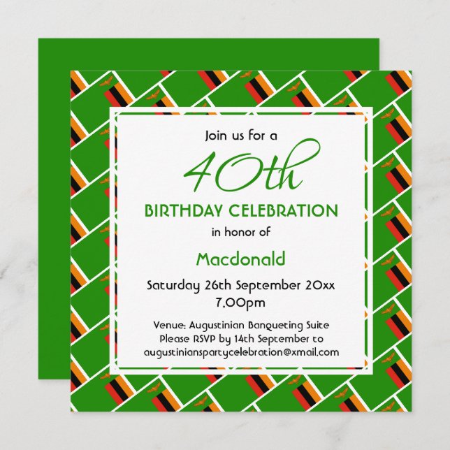 ZAMBIA FLAG Custom 40th Birthday Celebration Invitation (Front/Back)