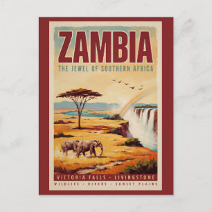Zambia Landscape Illustration Travel Art Vintage Postcard