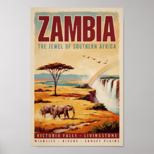 Zambia Landscape Illustration Travel Art Vintage Poster