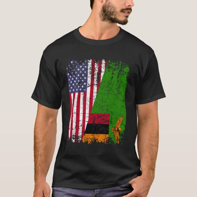 Zambian Roots Half American Flag Usa Zambia Flag T-Shirt (Front)