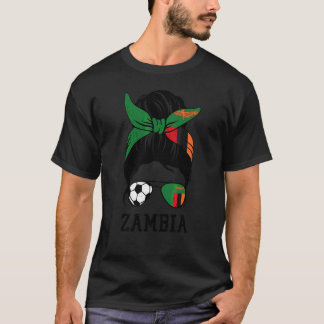 Zambian Soccer Girl Mum Messy Bun Zambia Flag Foot T-Shirt