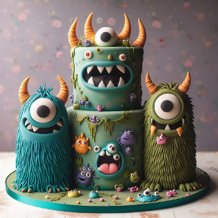 ZANY MONSTERS DECORATED KIDS BIRTHDAY CAKE CARD