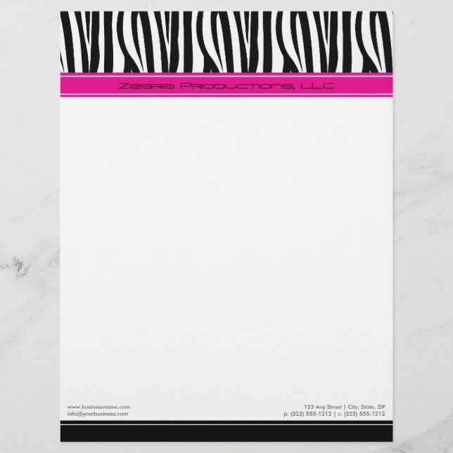 Zany Zebra Hot Pink Customised Designer Letterhead (Front)