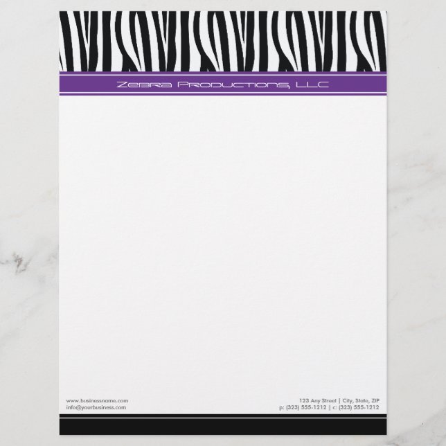 Zany Zebra Purple Customised Designer Letterhead (Front)