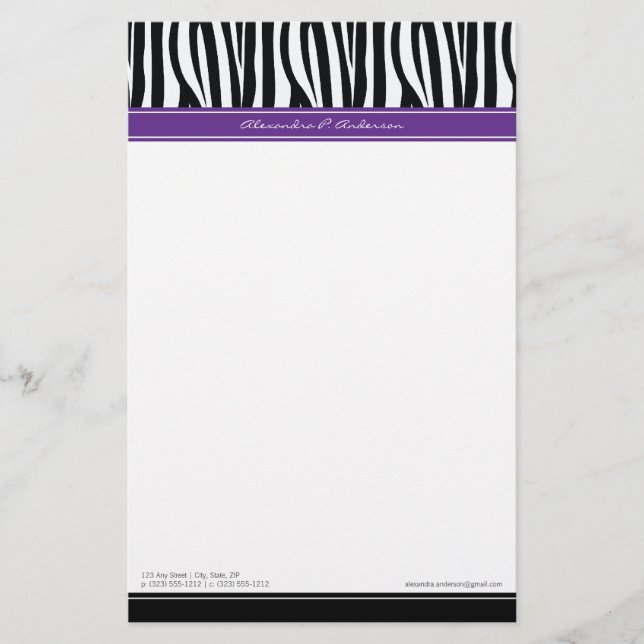 Zany Zebra Purple Customised Designer Stationery (Front)
