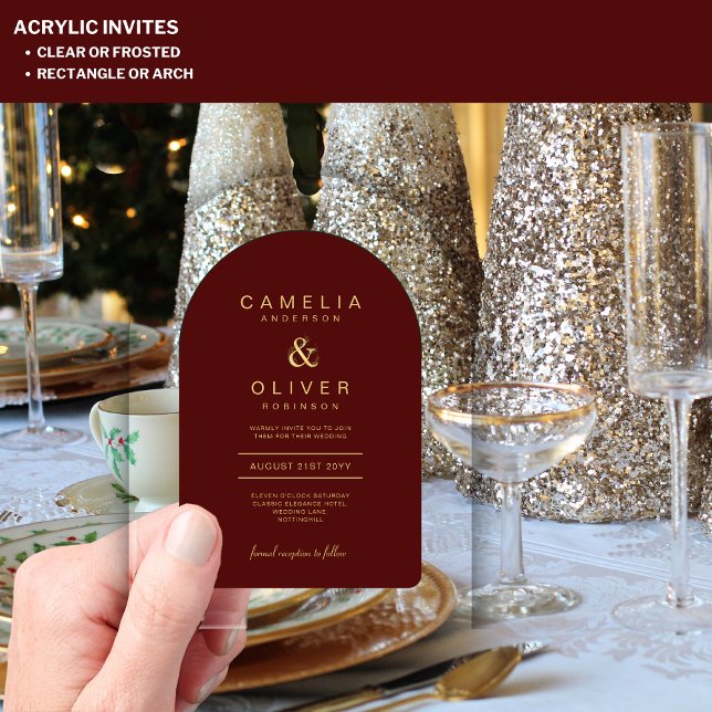 Zazzle Acrylic Wedding Burgundy Gold Text Arch Acrylic Invitations (Creator Uploaded)