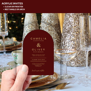 Zazzle Acrylic Wedding Burgundy Gold Text Arch Invitations