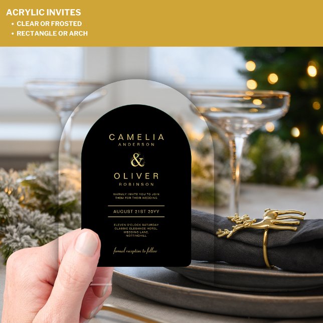 Zazzle Acrylic Wedding Chic Black Gold Text Arch Invitations (Creator Uploaded)