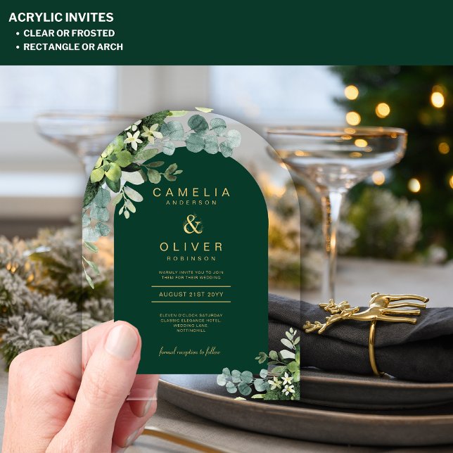 Zazzle Acrylic Wedding Green Eucalyptus Gold Text Acrylic Invitations (Creator Uploaded)