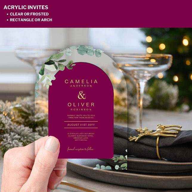 Zazzle Acrylic Wedding Magenta Leaves Gold Text Acrylic Invitations (Creator Uploaded)