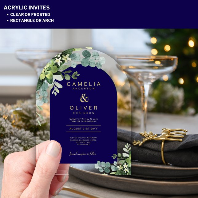 Zazzle Acrylic Wedding Navy Eucalyptus Gold Text Acrylic Invitations (Creator Uploaded)