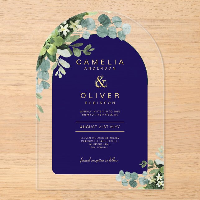Zazzle Acrylic Wedding Navy Eucalyptus Gold Text Invitations (Front)