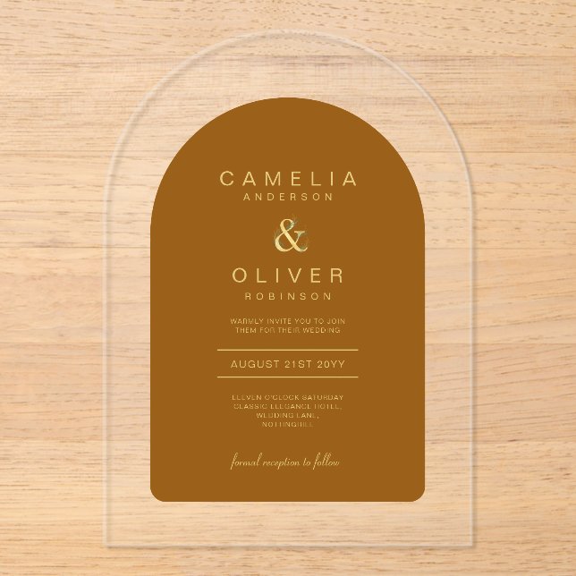 Zazzle Acrylic Wedding Terracotta Gold Text Arch Acrylic Invitations (Front)